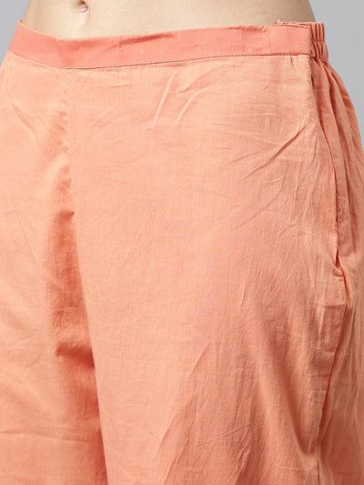 Neerus Women Orange Floral Cotton Kurta with Trousers with Dupatta