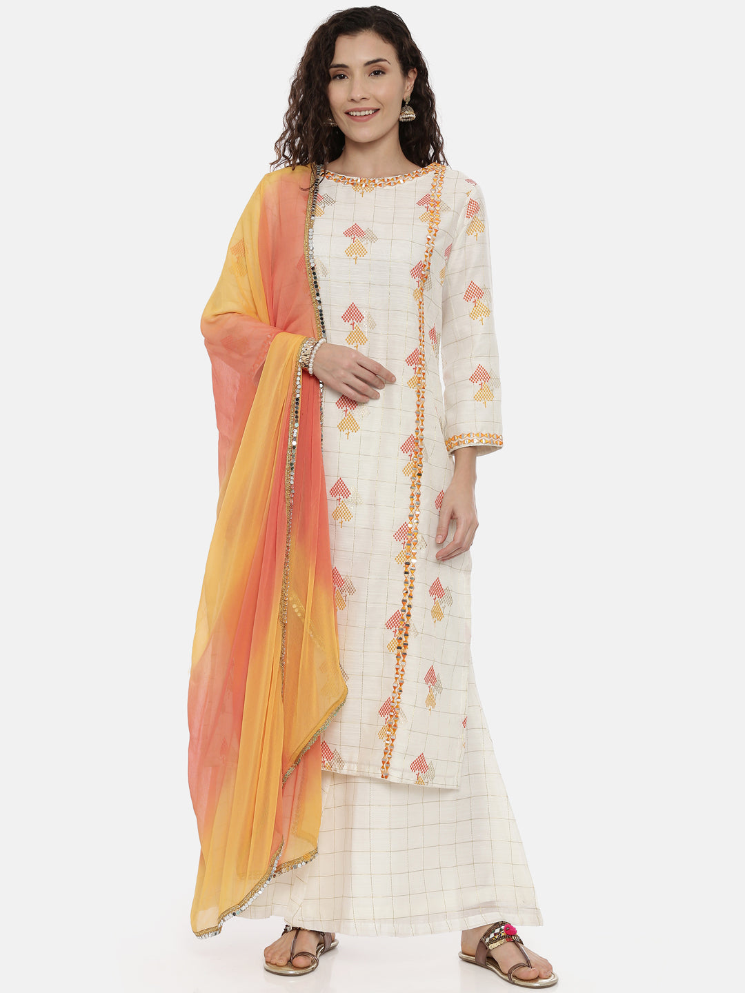 Neerus Beige embroidered suit set with palazzo and dupatta - front view