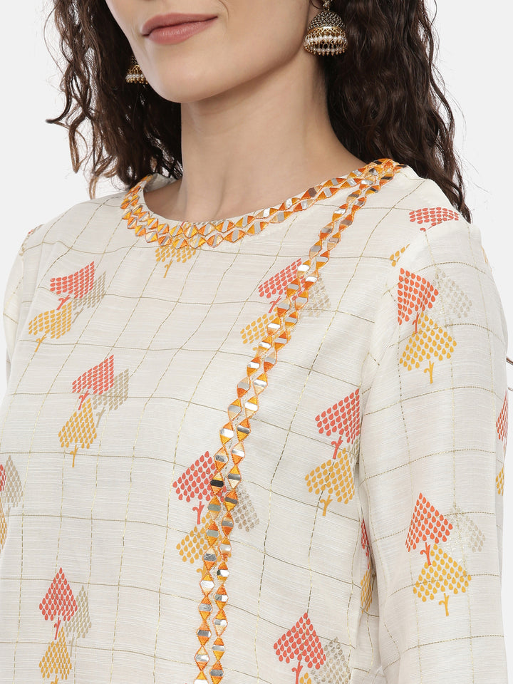 Neerus Beige embroidered suit set with palazzo and dupatta - detail view 1