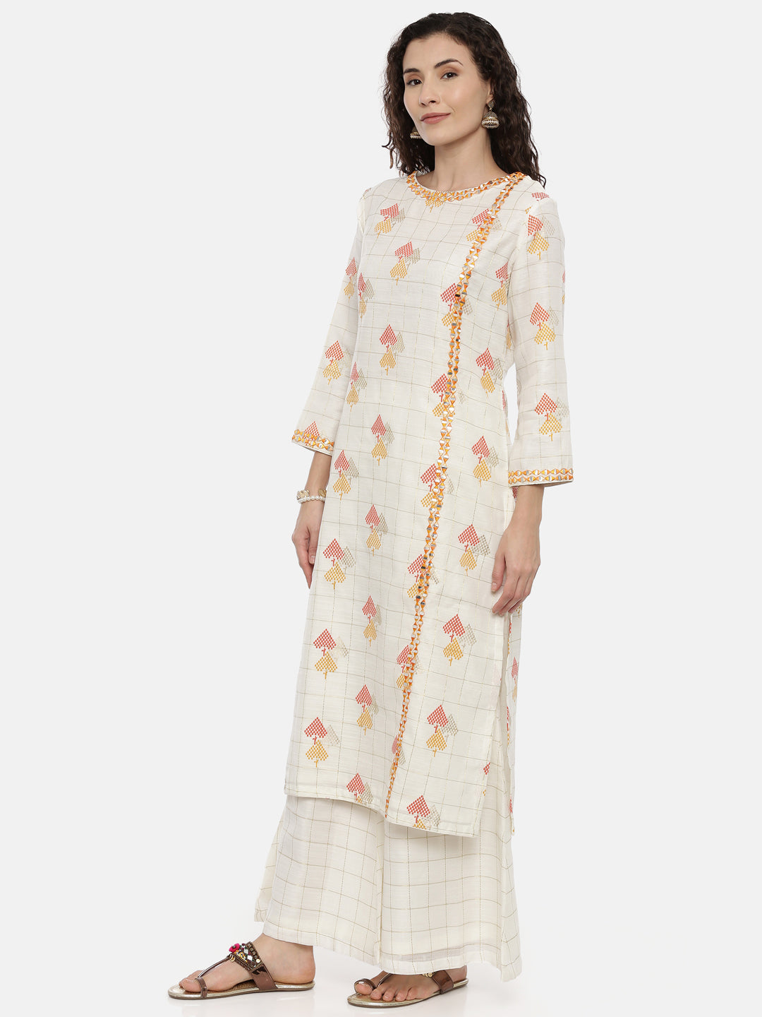 Neerus Beige embroidered suit set with palazzo and dupatta - back view