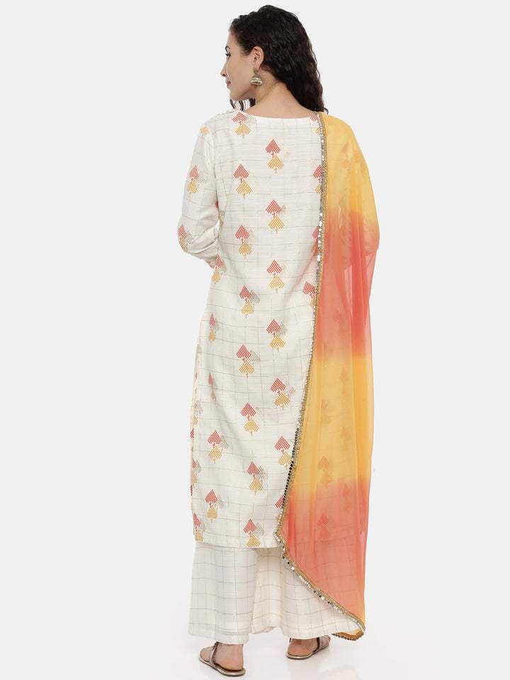 Neerus Beige embroidered suit set with palazzo and dupatta - side view
