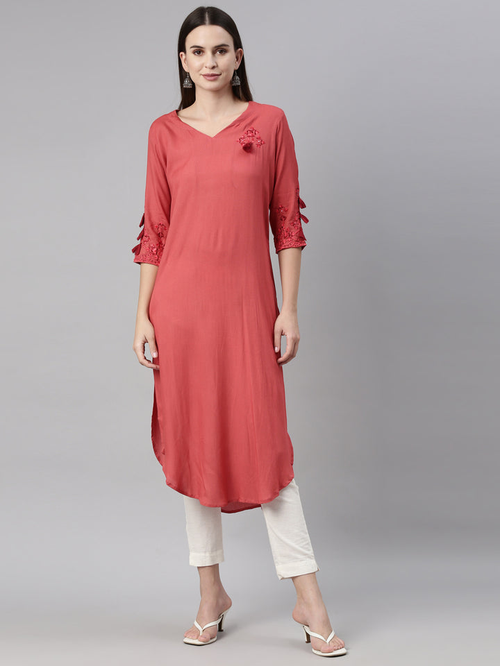 Neerus Red cotton thread embroidered kurti - front view