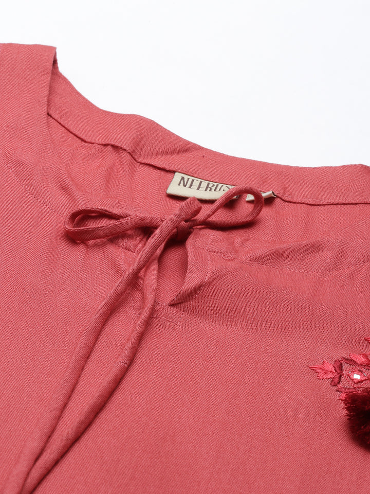 Neerus Red cotton thread embroidered kurti - detail view 2