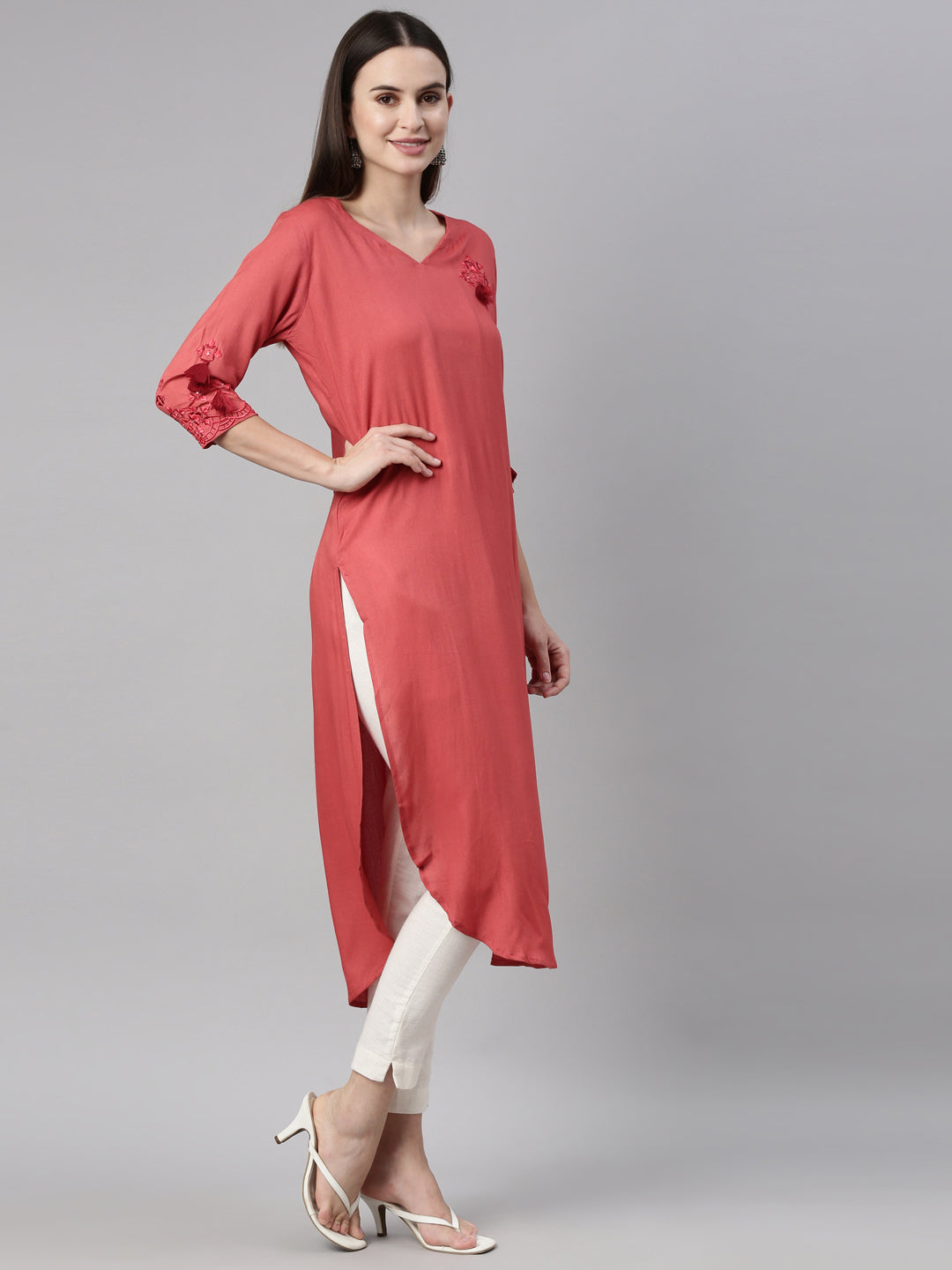 Neerus Red cotton thread embroidered kurti - side view