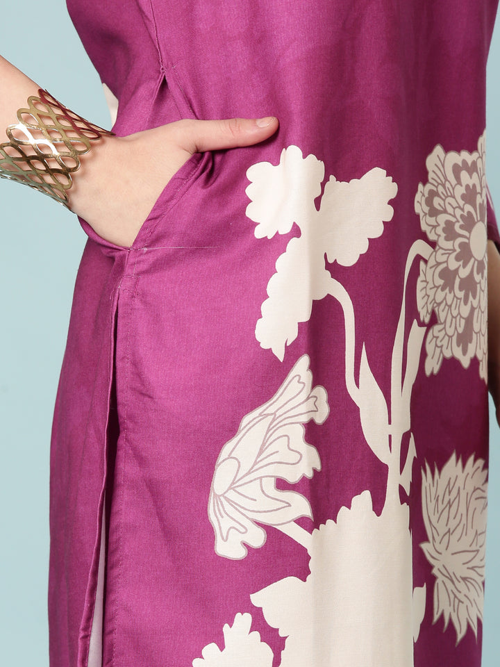 Purple Rayon Digital Print Three Piece Set