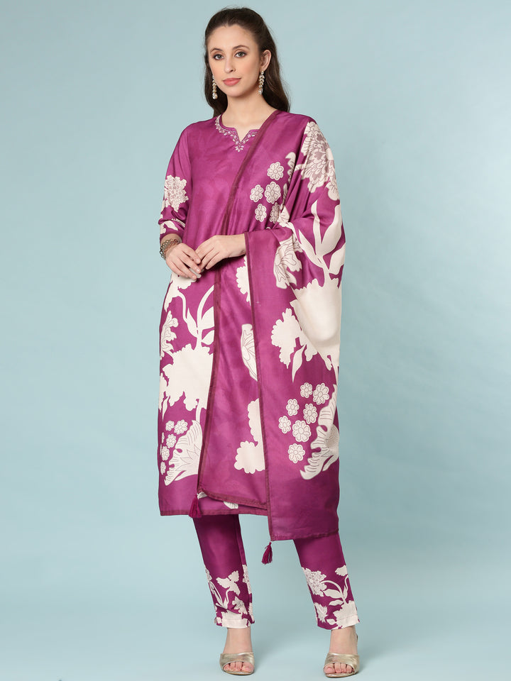 Purple Rayon Digital Print Three Piece Set