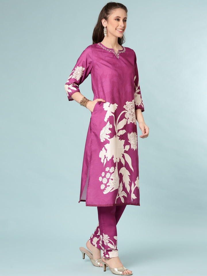 Purple Rayon Digital Print Three Piece Set