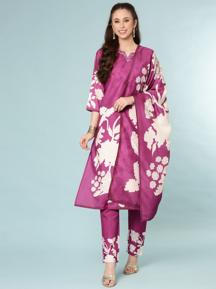 Purple Rayon Digital Print Three Piece Set