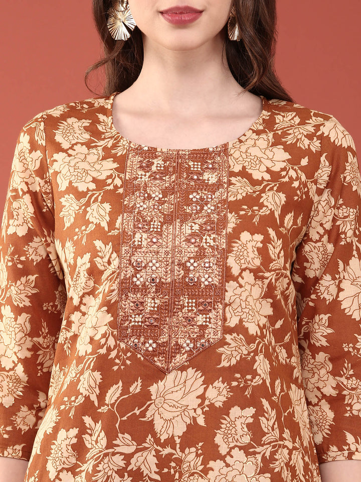 Gold Modal Silk Floral Digital Print Three Piece Set