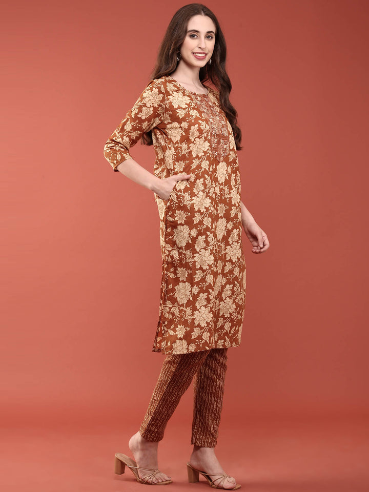 Gold Modal Silk Floral Digital Print Three Piece Set