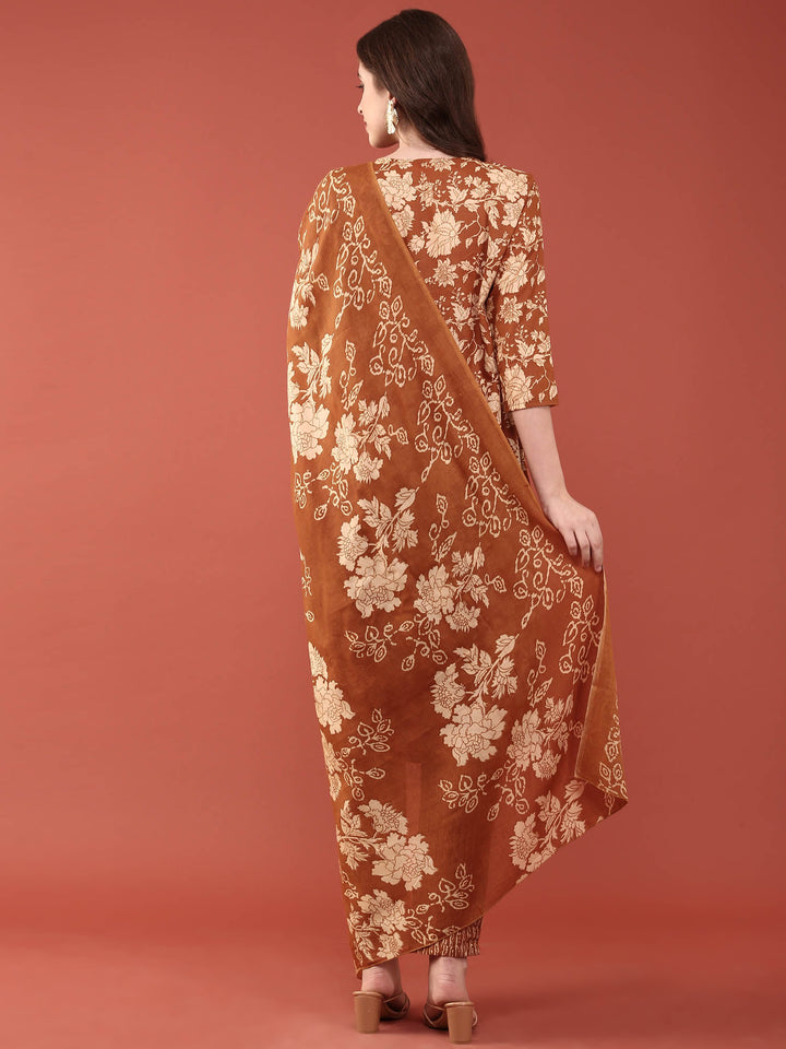 Gold Modal Silk Floral Digital Print Three Piece Set