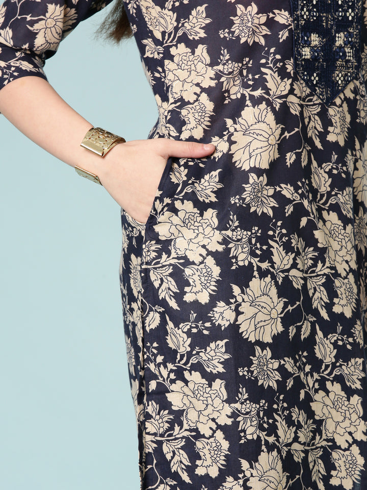 Indigo Blue Modal Silk Floral Digital Print Three Piece Set