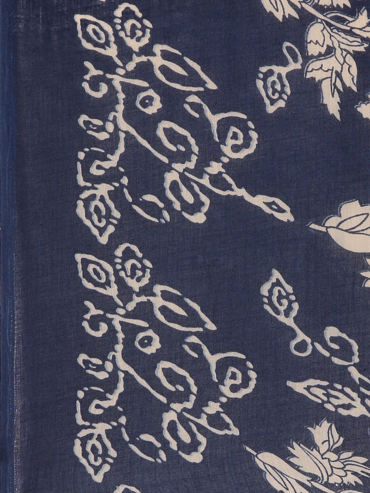 Indigo Blue Modal Silk Floral Digital Print Three Piece Set