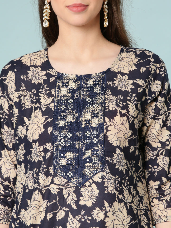 Indigo Blue Modal Silk Floral Digital Print Three Piece Set