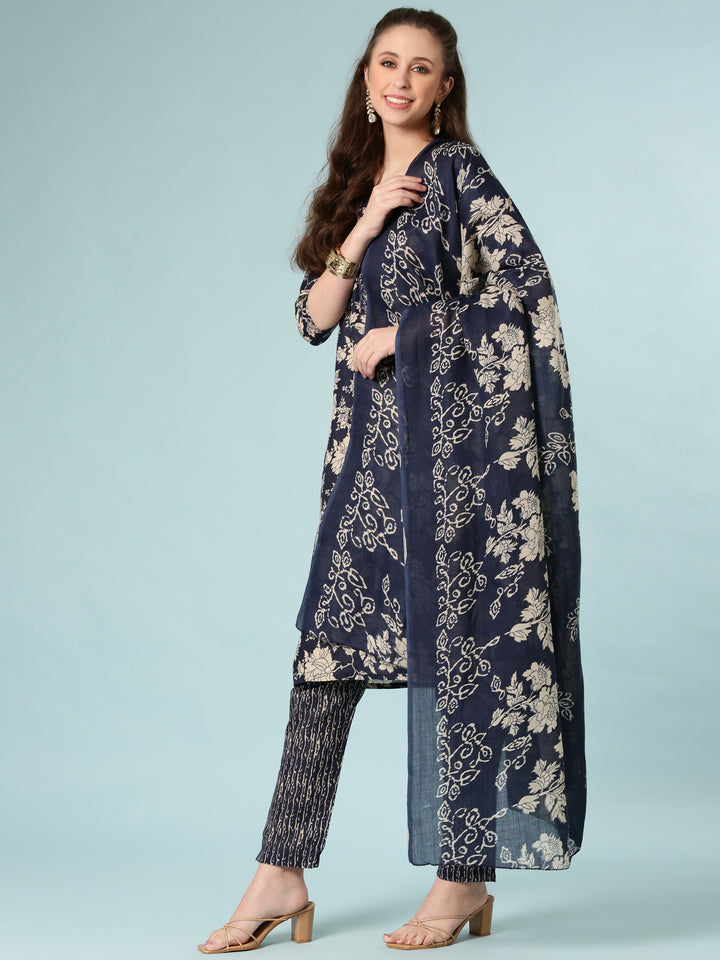 Indigo Blue Modal Silk Floral Digital Print Three Piece Set