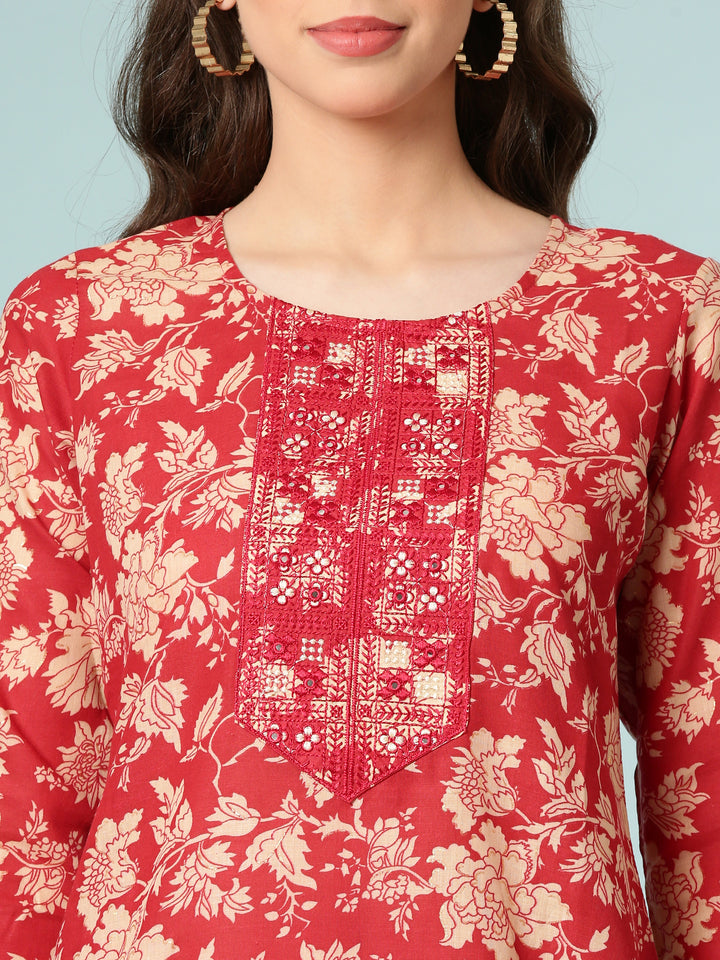 Red Modal Silk Floral Digital Print Three Piece Set