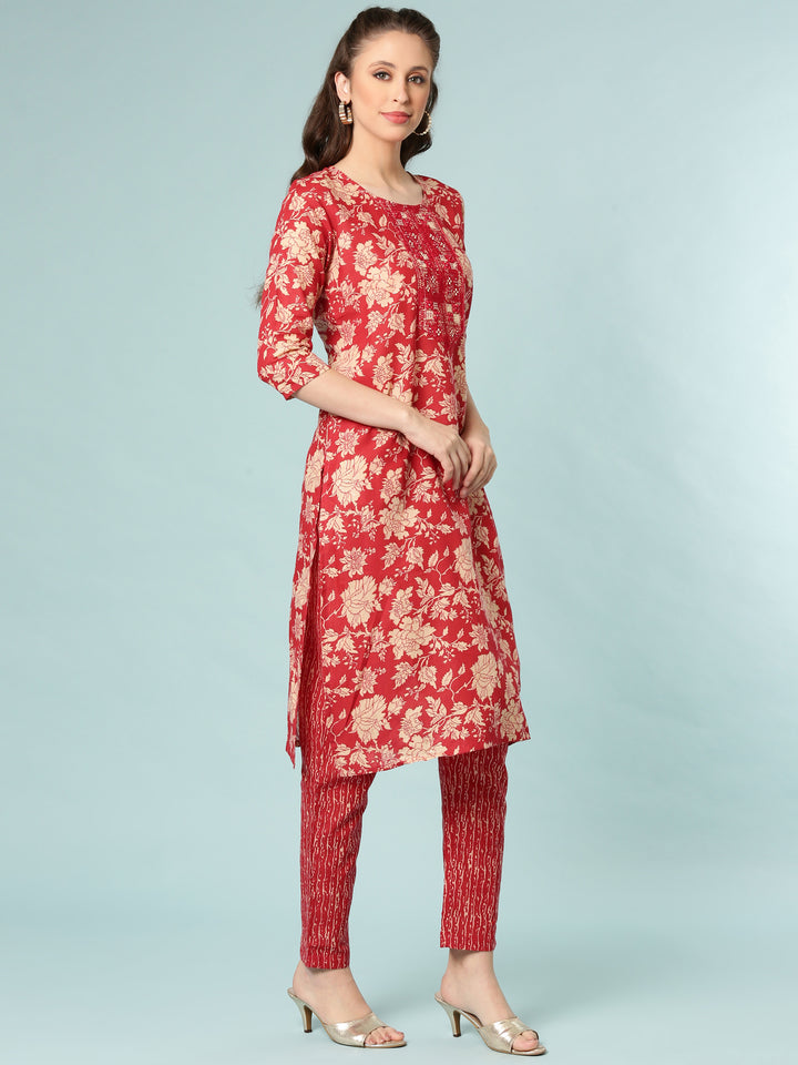 Red Modal Silk Floral Digital Print Three Piece Set