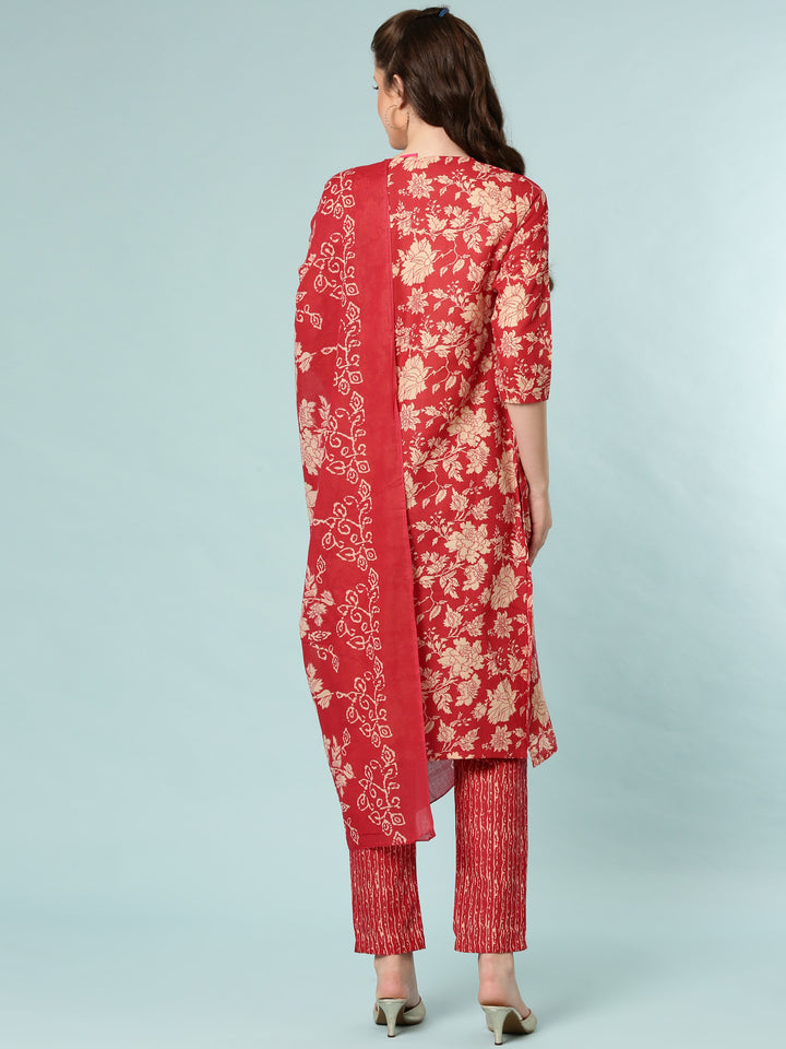 Red Modal Silk Floral Digital Print Three Piece Set