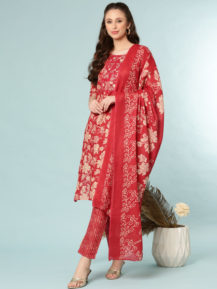 Red Modal Silk Floral Digital Print Three Piece Set
