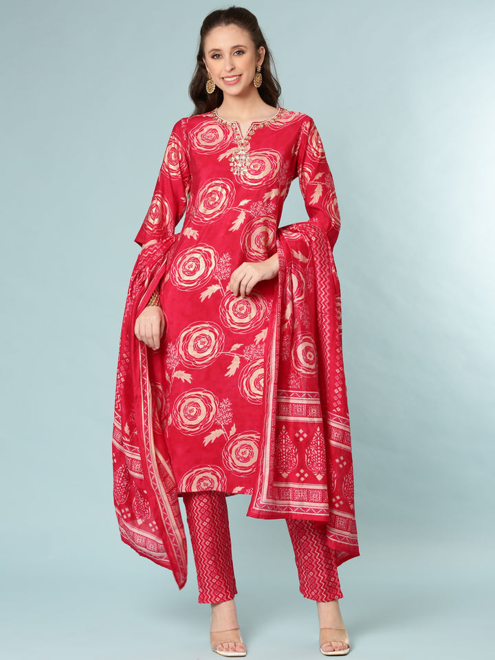 Rani Pink Modal Silk Digital Print Three Piece Set