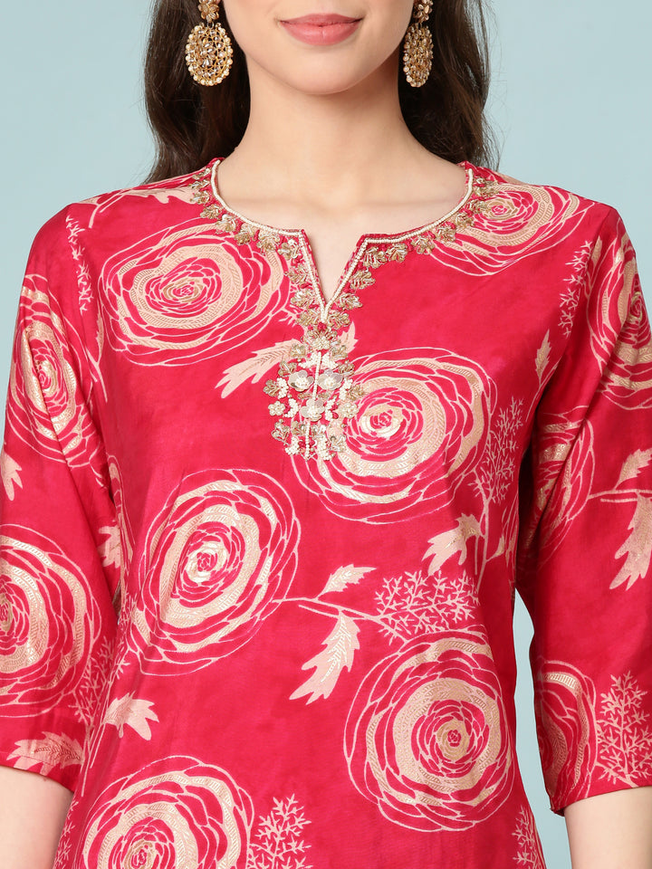 Rani Pink Modal Silk Digital Print Three Piece Set