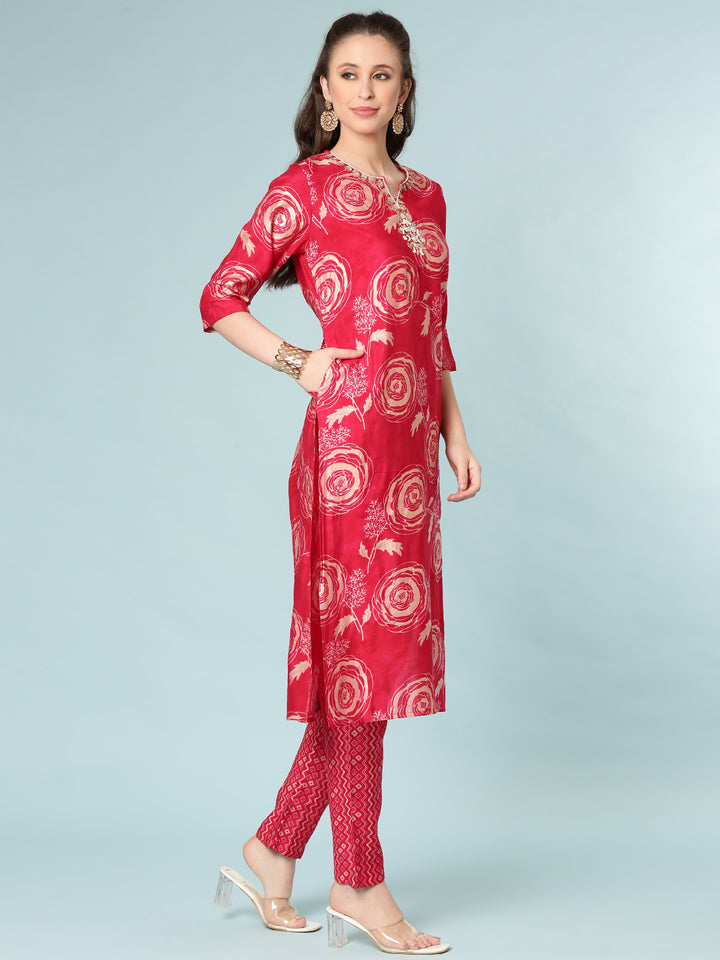 Rani Pink Modal Silk Digital Print Three Piece Set