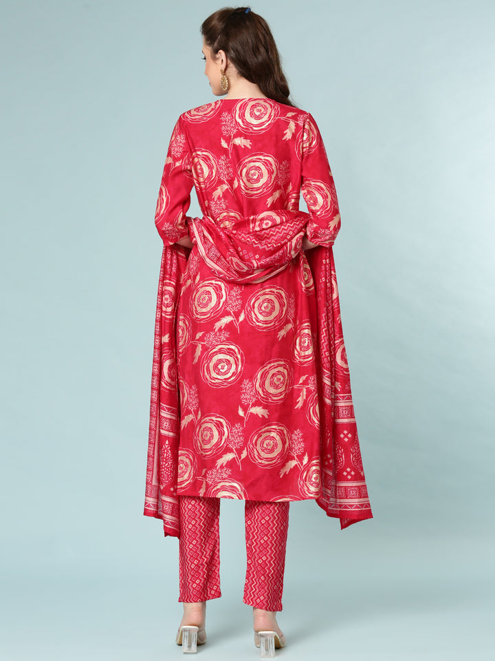 Rani Pink Modal Silk Digital Print Three Piece Set