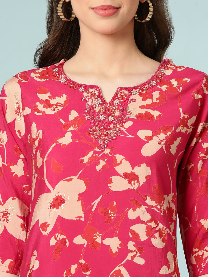 Magenta Dola Silk Digital Print Three Piece Set