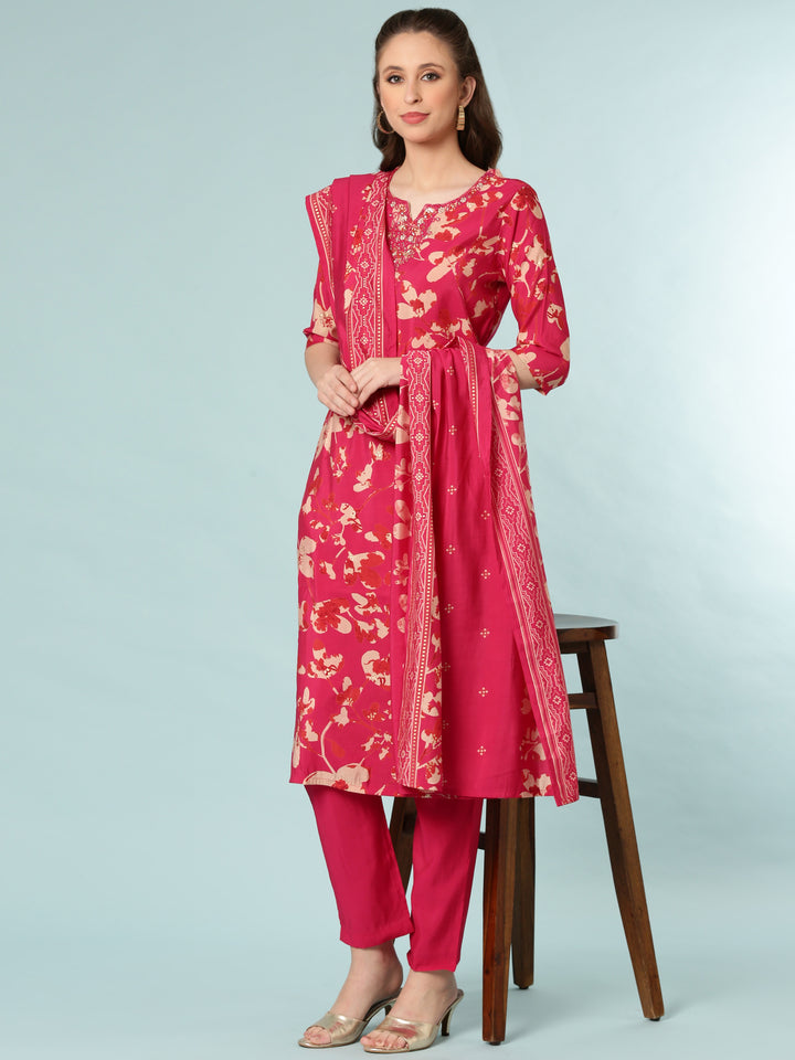 Magenta Dola Silk Digital Print Three Piece Set