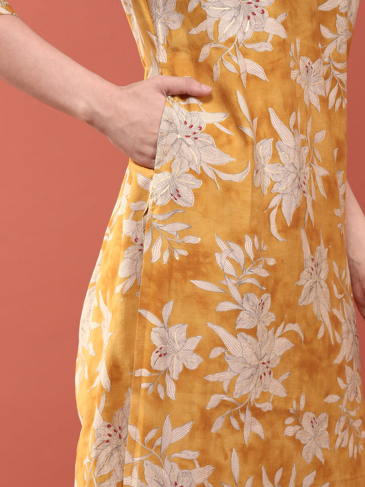 Mustard Dola Silk Floral Digital Print Three Piece Set
