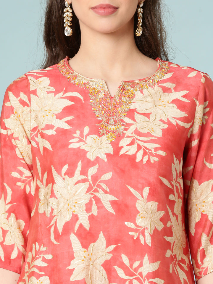 Mustard Dola Silk Floral Digital Print Three Piece Set