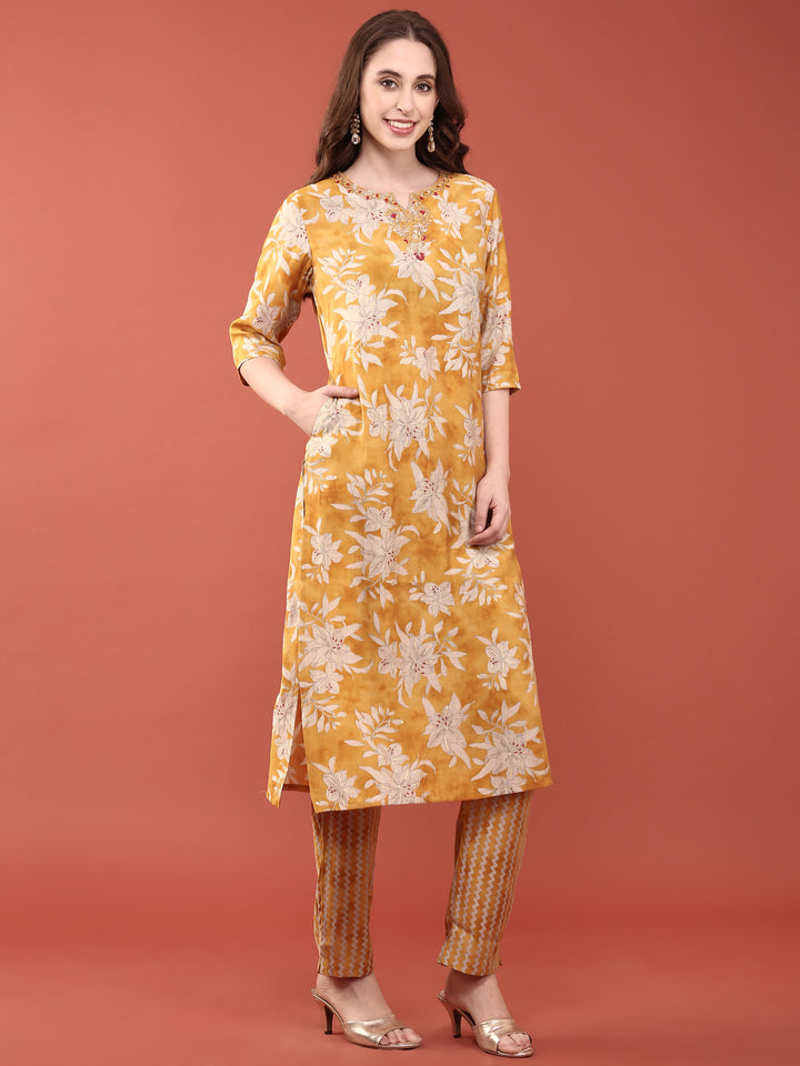 Mustard Dola Silk Floral Digital Print Three Piece Set