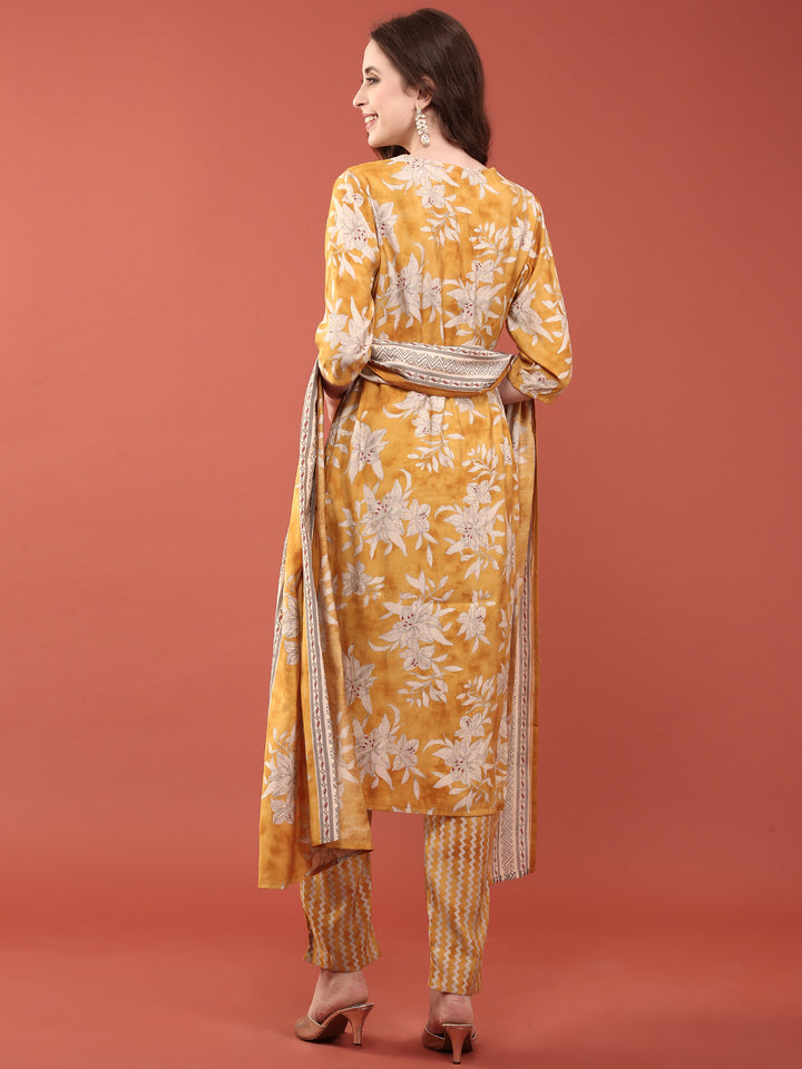 Mustard Dola Silk Floral Digital Print Three Piece Set