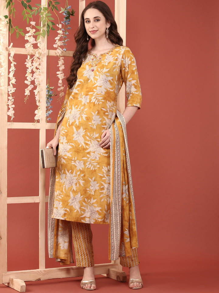 Mustard Dola Silk Floral Digital Print Three Piece Set