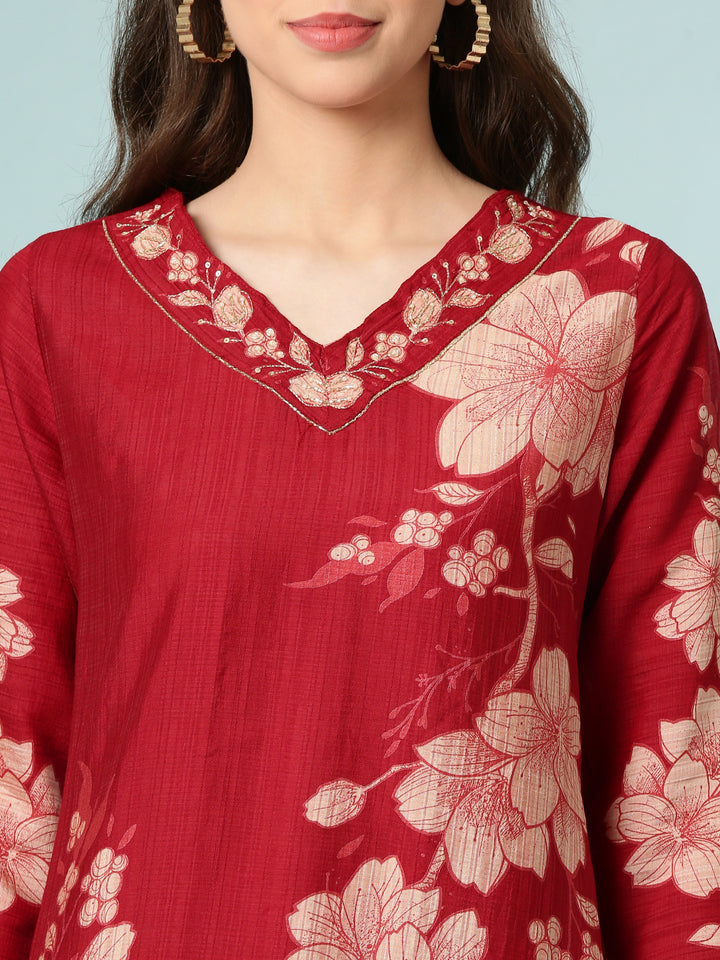 Maroon Viscose Rayon Floral Printed Two Piece Set