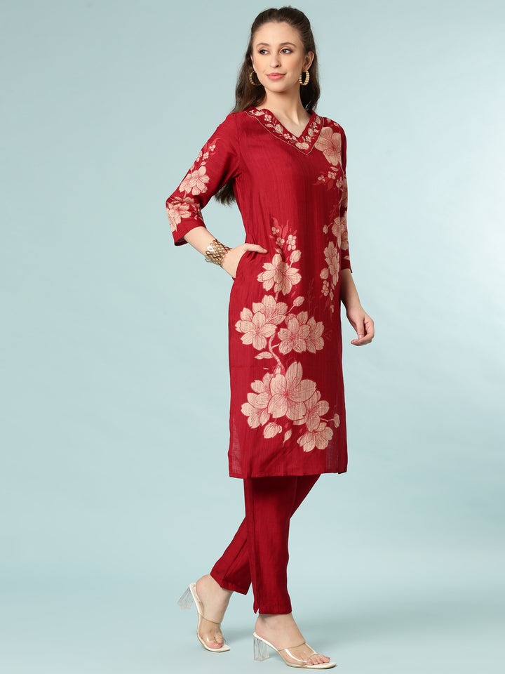 Maroon Viscose Rayon Floral Printed Two Piece Set