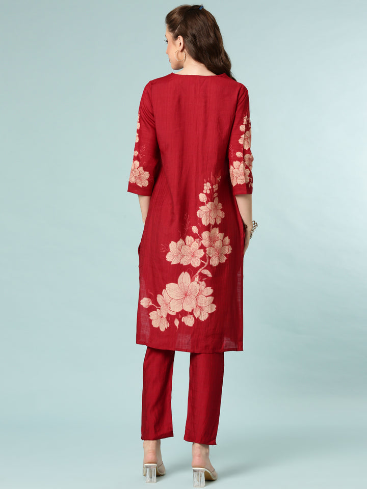 Maroon Viscose Rayon Floral Printed Two Piece Set