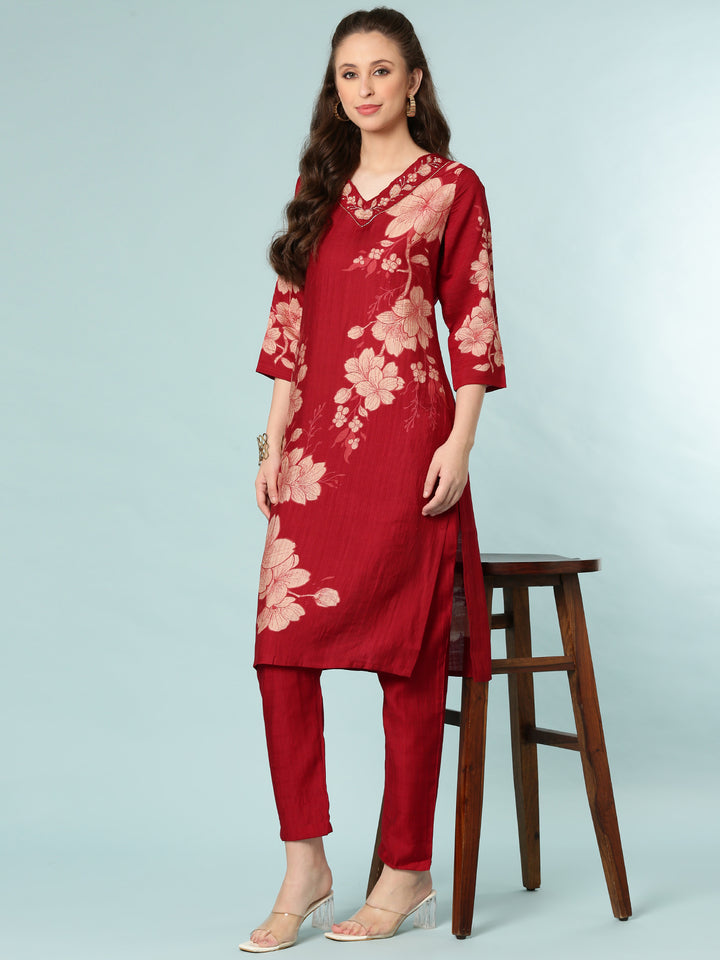 Maroon Viscose Rayon Floral Printed Two Piece Set
