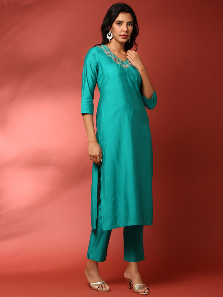 Green muslin embroidered three piece suit set