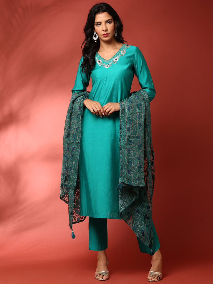Green muslin embroidered three piece suit set