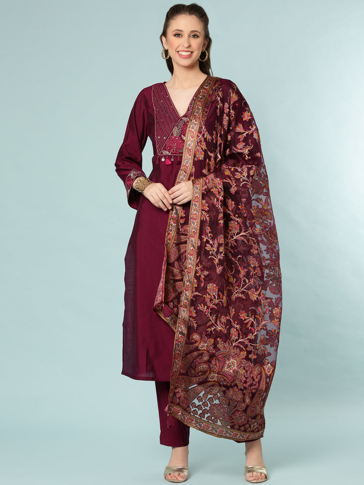 Wine Dola Silk Three Piece Set