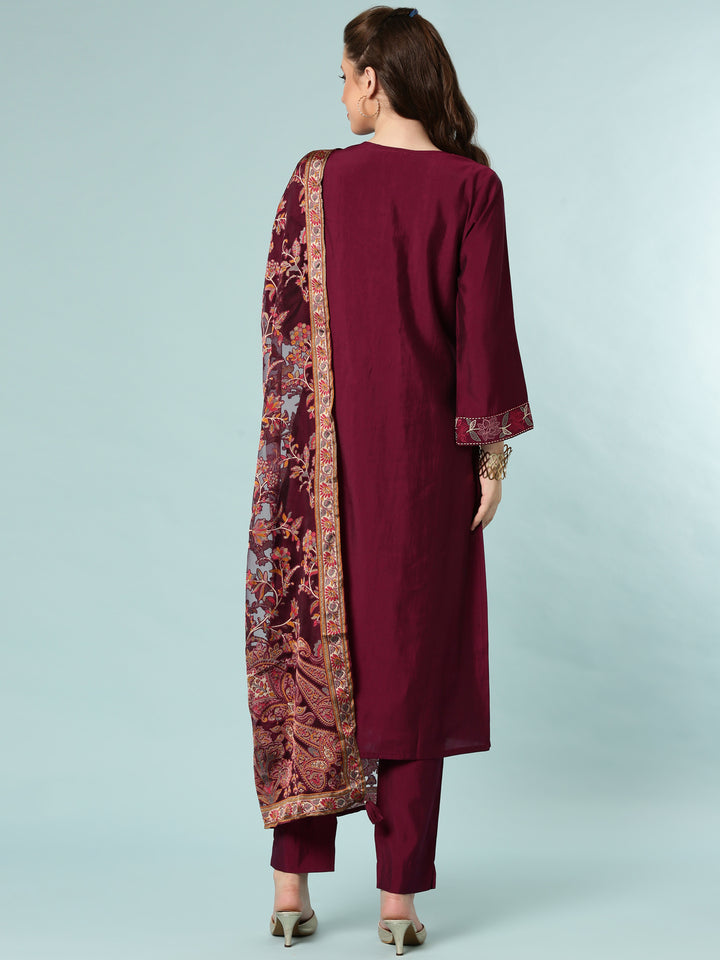 Wine Dola Silk Three Piece Set