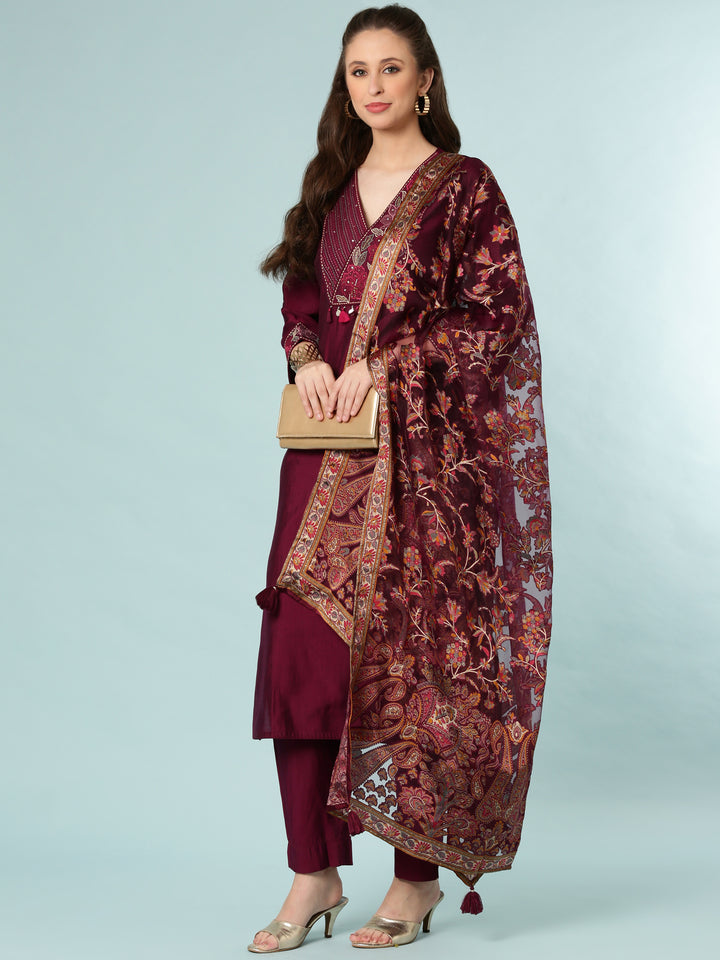 Wine Dola Silk Three Piece Set