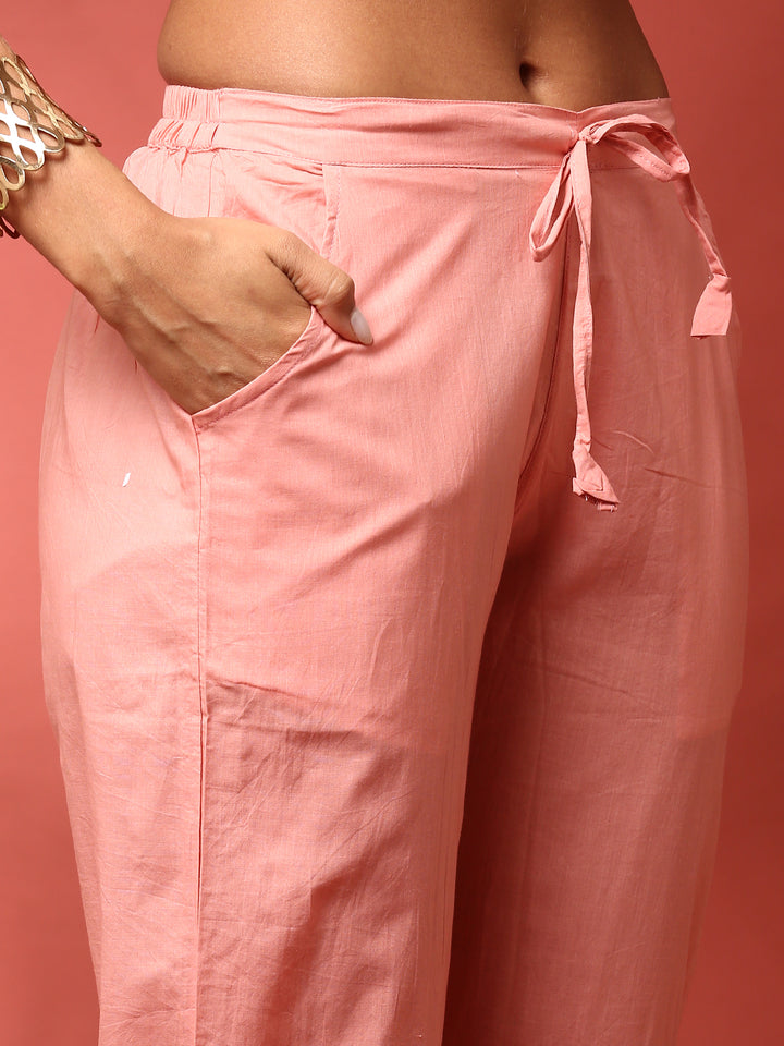 Peach Floral printed three piece cotton suit set