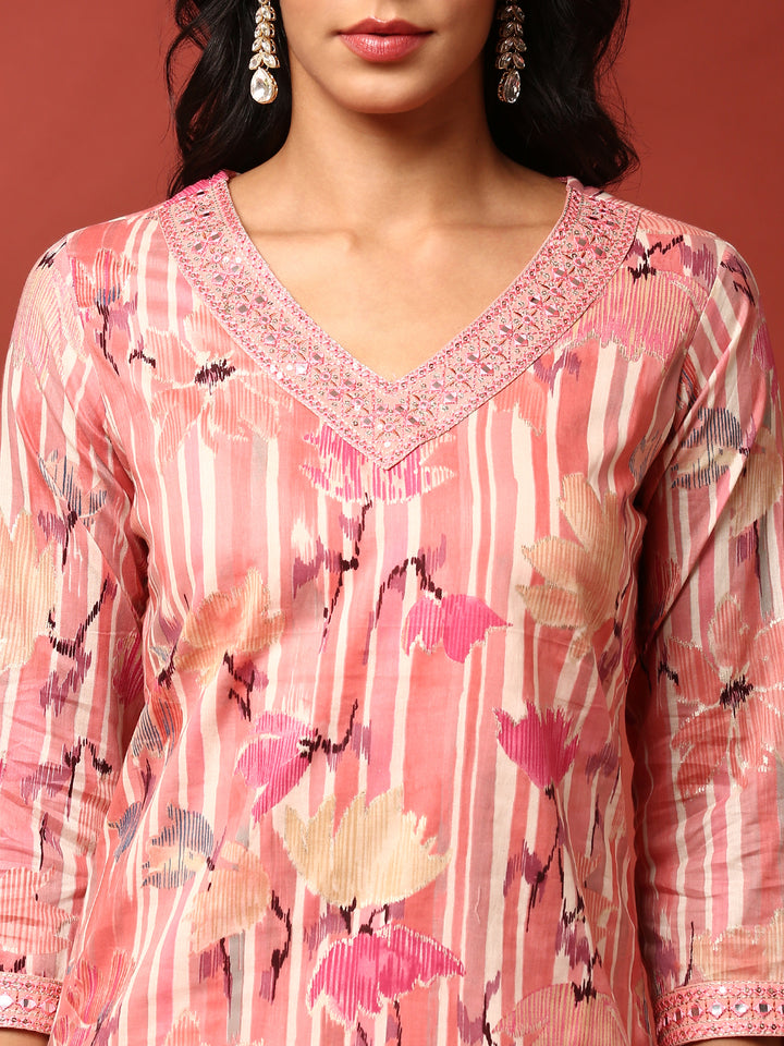 Peach Floral printed three piece cotton suit set