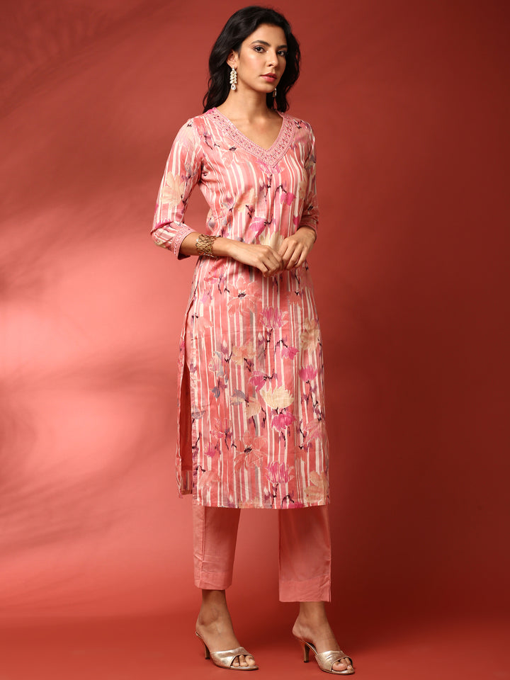 Peach Floral printed three piece cotton suit set