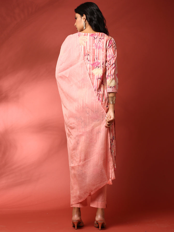 Peach Floral printed three piece cotton suit set