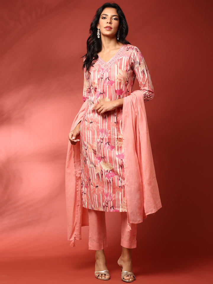 Peach Floral printed three piece cotton suit set