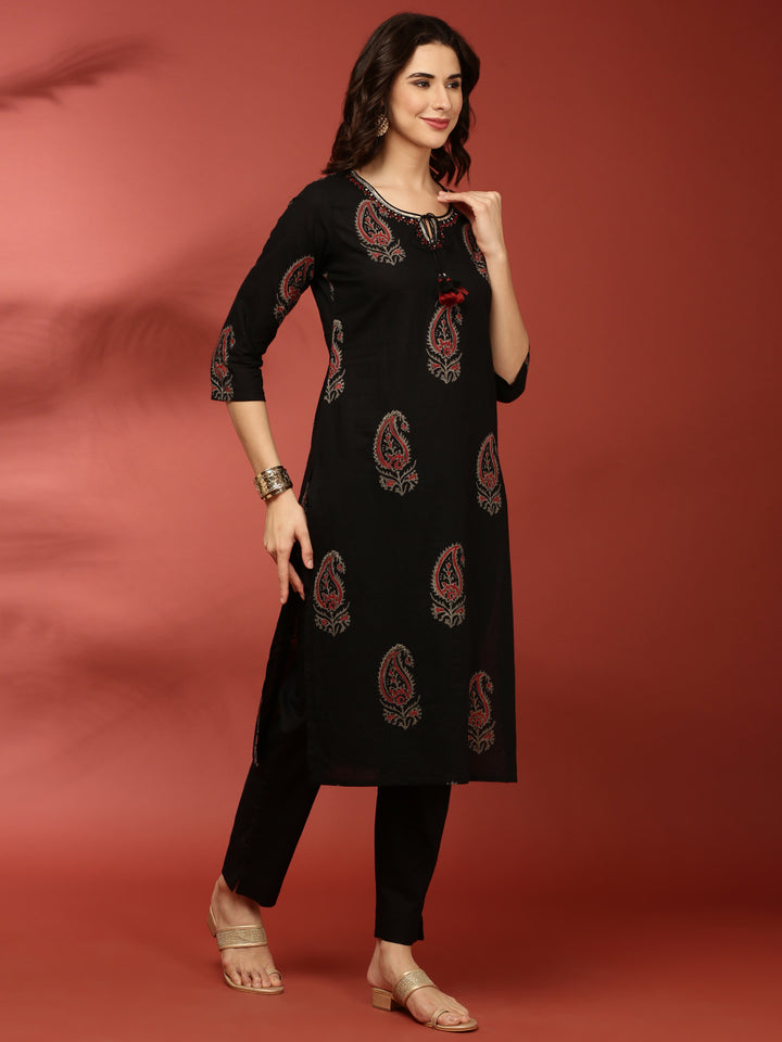 Black Cotton Printed Three Piece Set