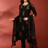 Black Cotton Printed Three Piece Set
